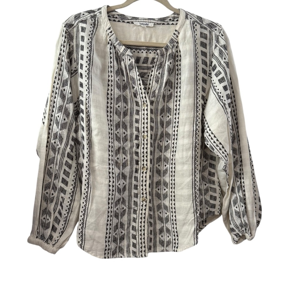 Splendid Collection Medium Black White Geometric Linen Blend Peasant Blouse Boho